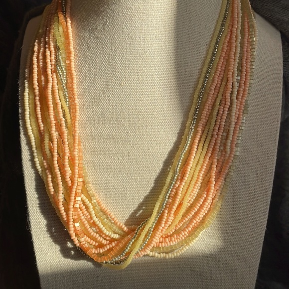 Gorgeous multi strand seed bead necklace in peach, lime, yellow, & silver. - Picture 12 of 12